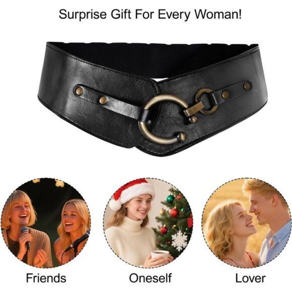 Women\'s Wide Elastic Waist Belt  Black Vegan Leather Stretch Interlock Buckle main image 7
